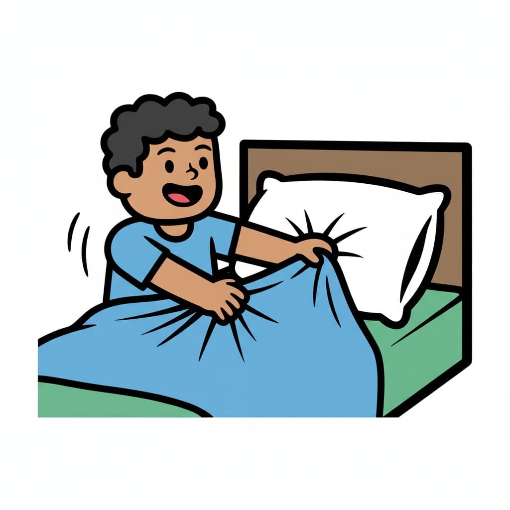 A boy is making his bed, pulling up the duvet over the pillow.