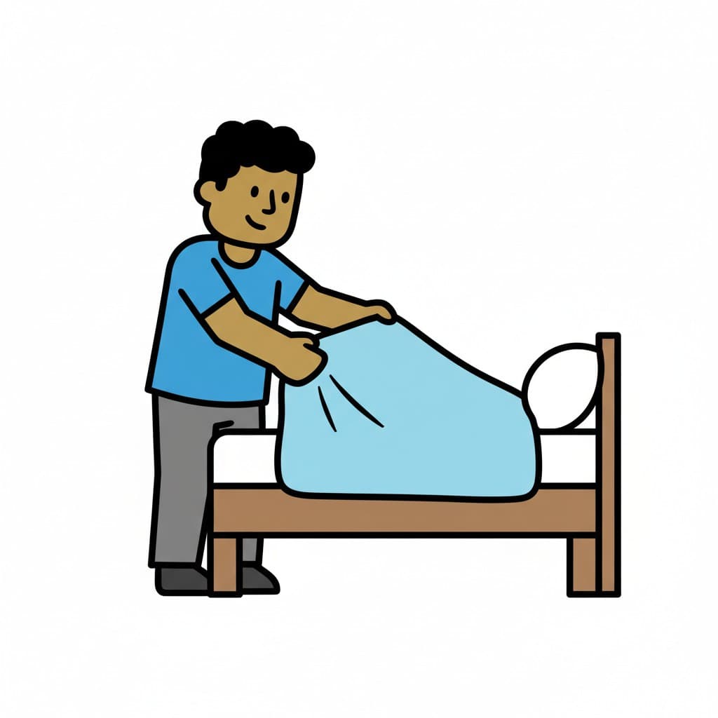 A boy making the bed with a blue blanket.