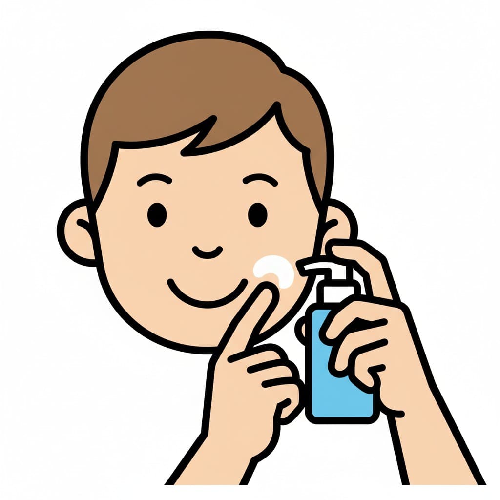 En person smörjer in ansiktet med fuktkräm, applicerar en klick kräm på kinden.