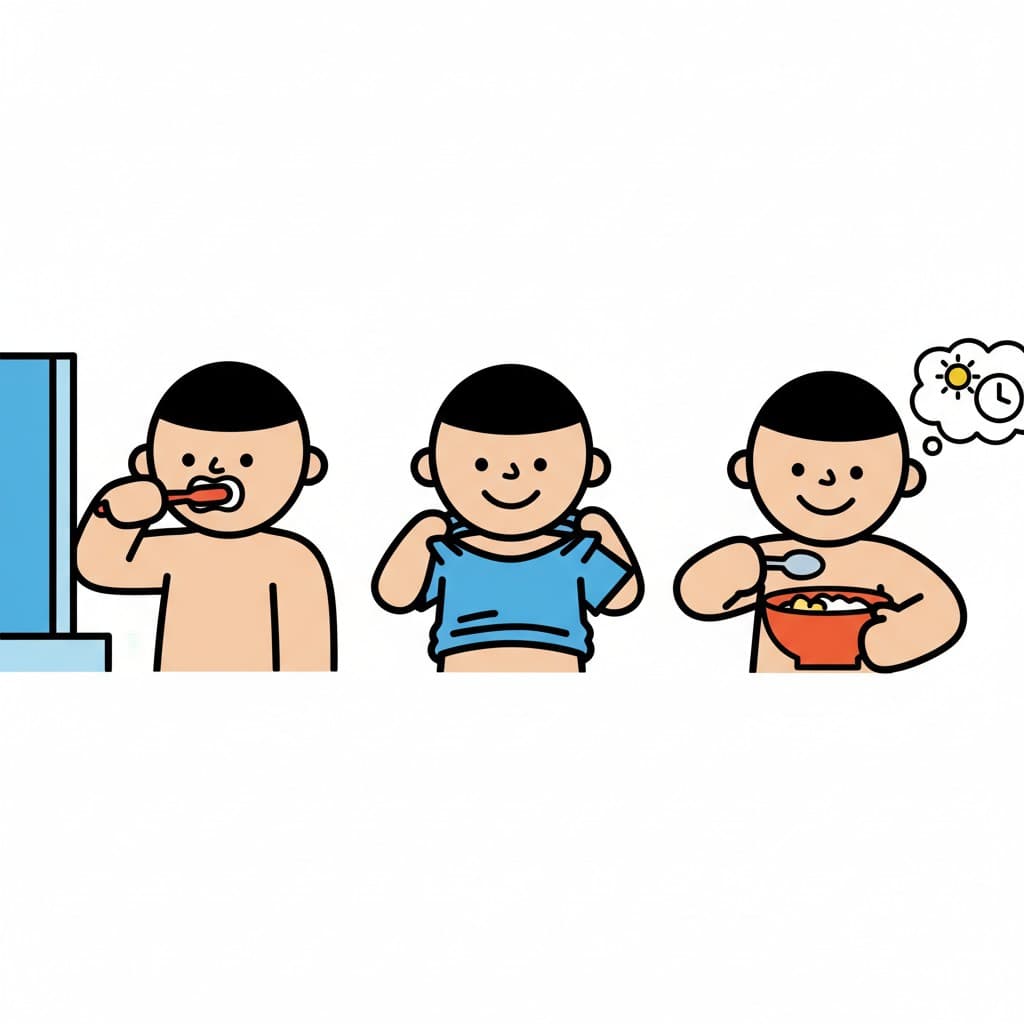 Tre paneler visar en pojkes morgonrutin. I den första panelen borstar han tänderna. I den andra klär han på sig en tröja. I den tredje äter han frukost.