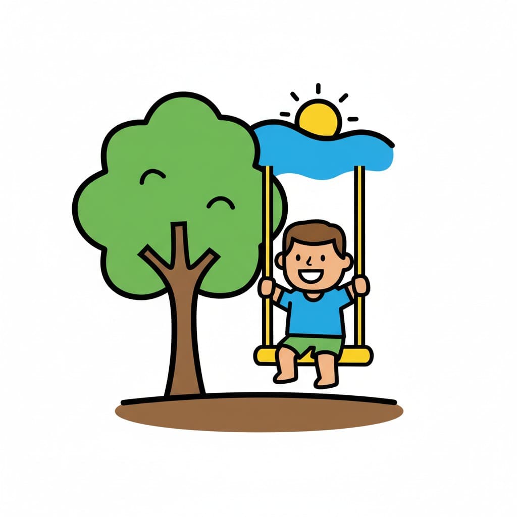 En glad pojke gungar på en gunga utomhus under solen bredvid ett träd.