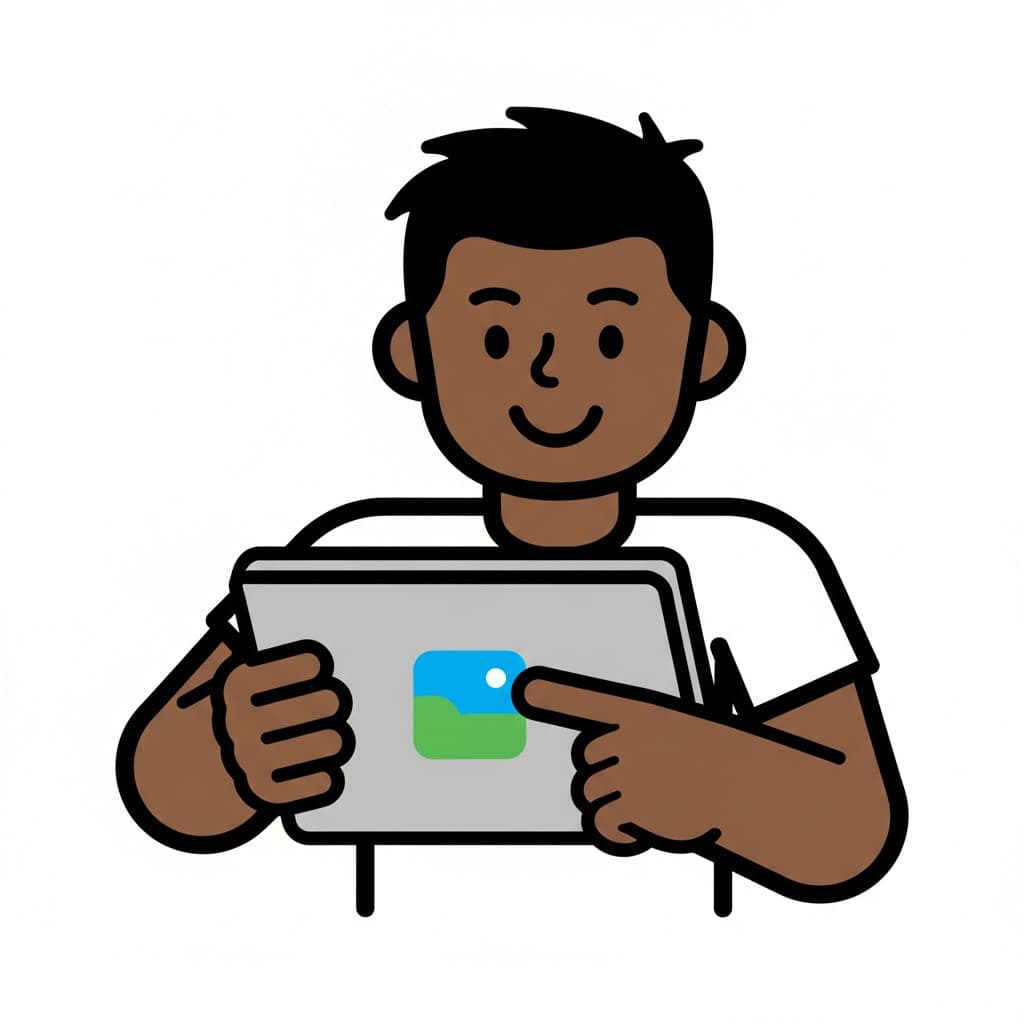 A boy holds up a tablet and points to a photo app on the screen.