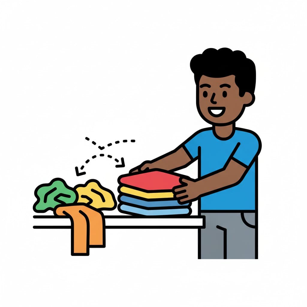 En leende pojke organiserar kläder på en yta. Vissa kläder ligger i en hög, och andra är prydligt vikta i en stapel.