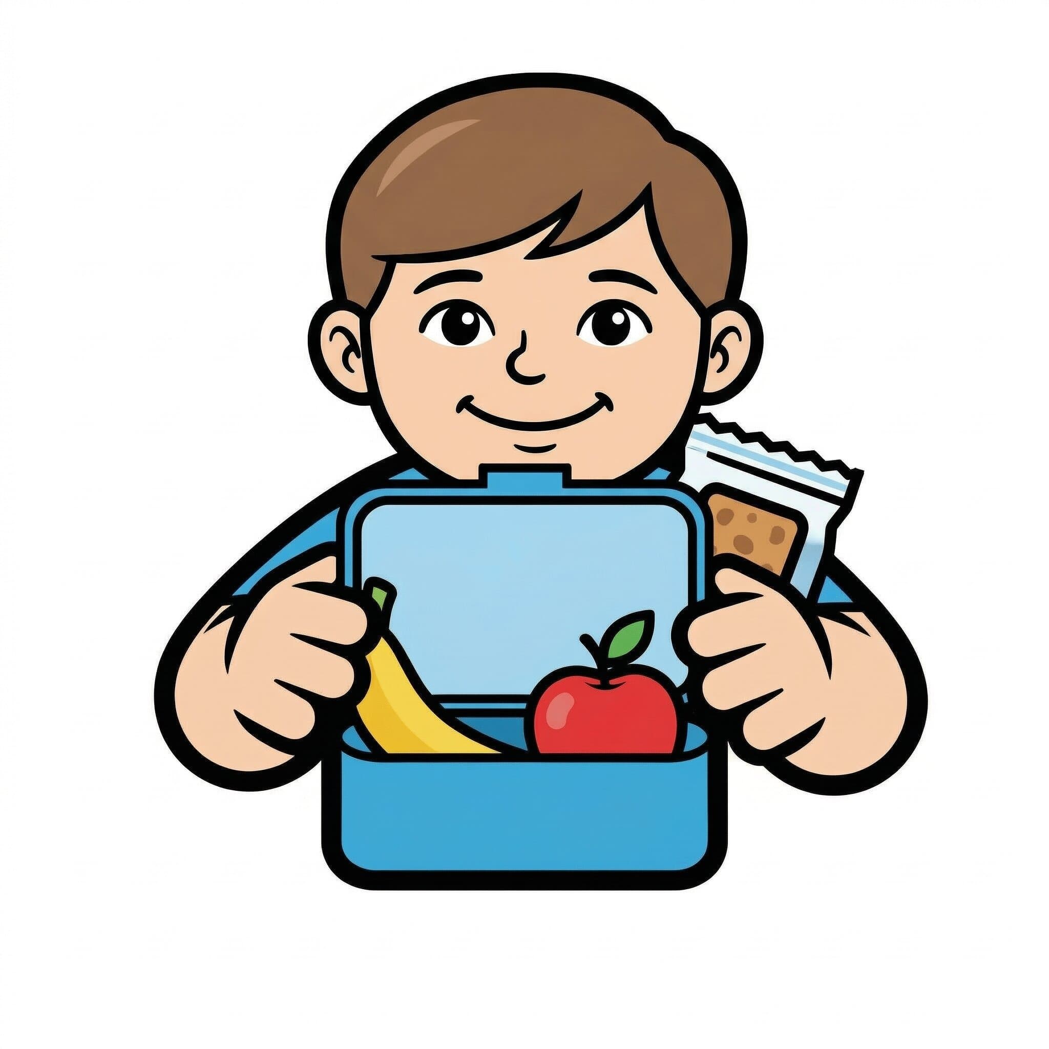 A boy holds an open lunchbox containing a banana and an apple, and a snack bar in his other hand.