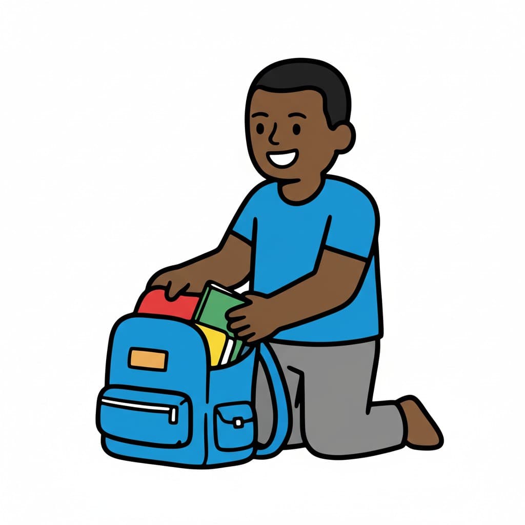 En person knäböjer och packar en blå ryggsäck med böcker.