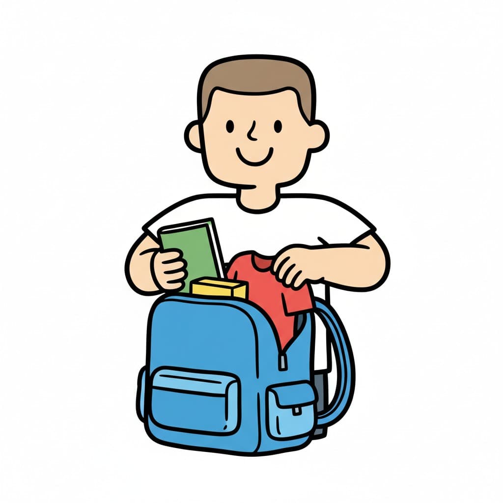 En person står och packar en blå ryggsäck med en bok och en tröja.