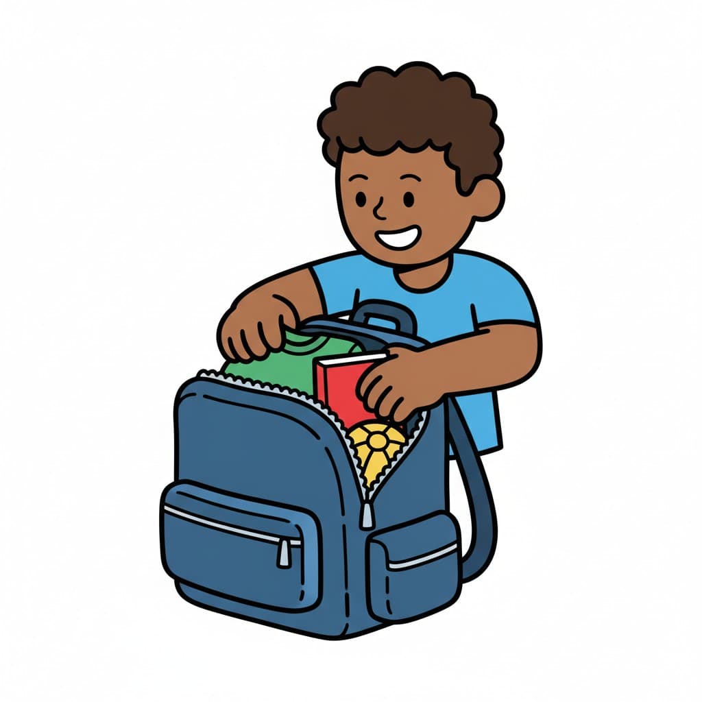 A boy is packing his blue backpack with various items like a green shirt, a red book, and a yellow toy.