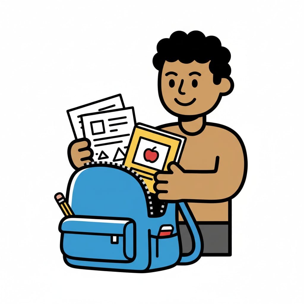 Eine lächelnde Person packt Bücher und Papiere in einen geöffneten blauen Rucksack.