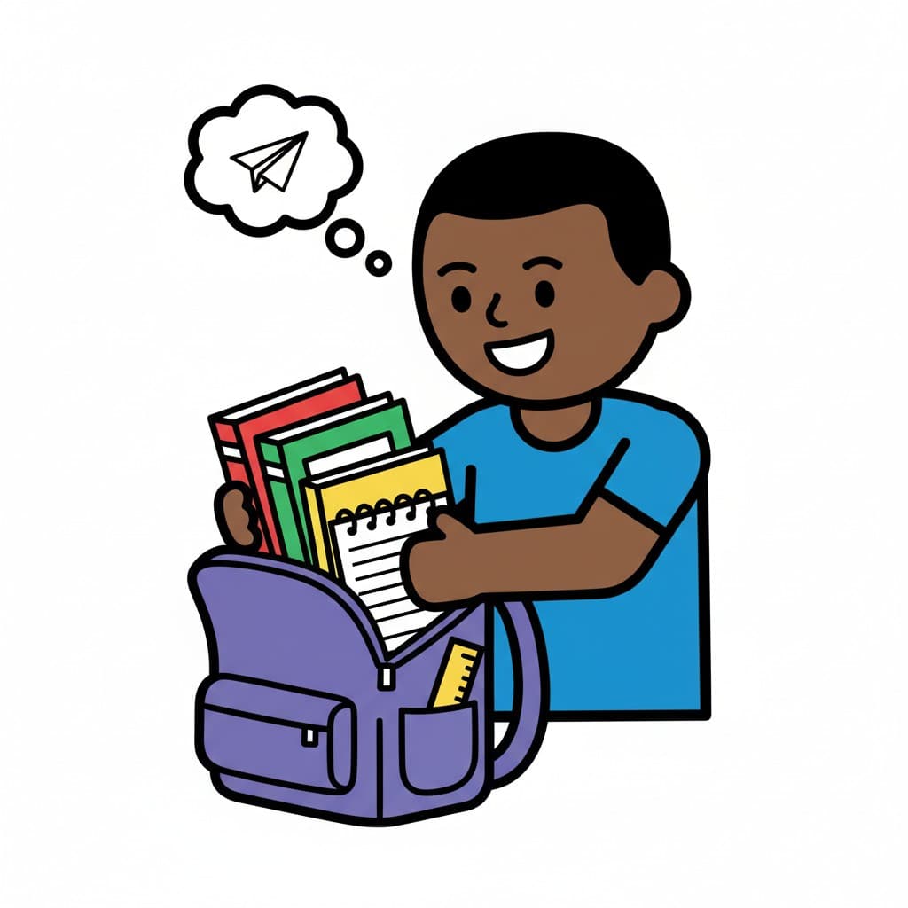 En leende person packar ner böcker och ett anteckningsblock i en lila ryggsäck. En tankebubbla med ett pappersflygplan finns ovanför huvudet.