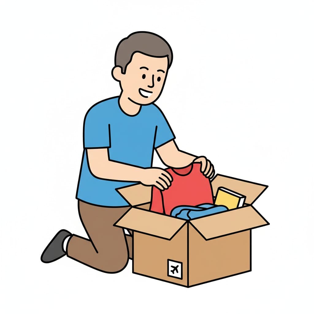 A boy kneels and puts clothes into a cardboard box.