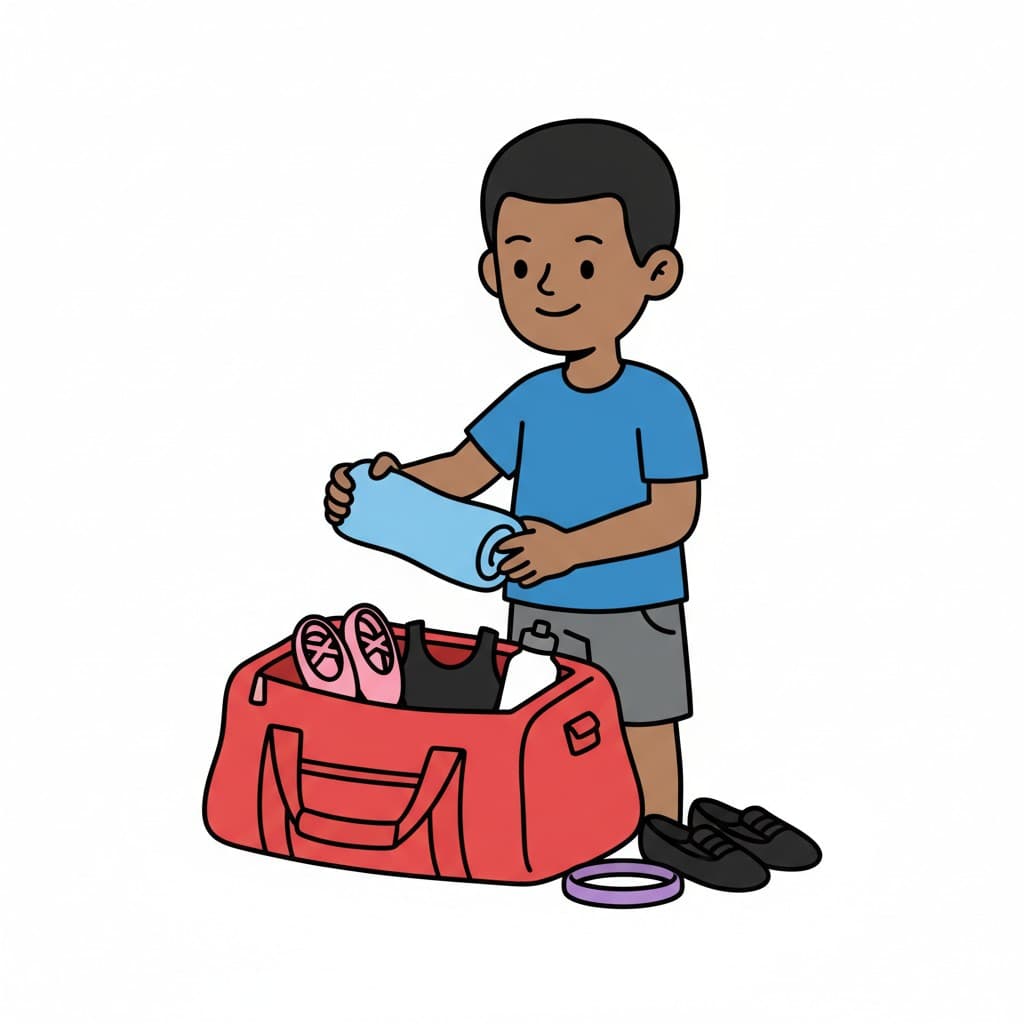 A boy is packing his dance bag with clothes, a towel, and shoes.