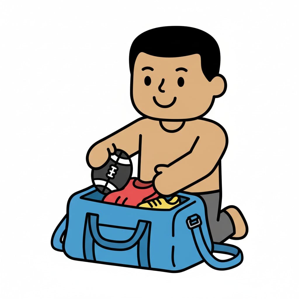 En dreng pakker en fodbold, en rød trøje og gule genstande i en blå sportstaske.