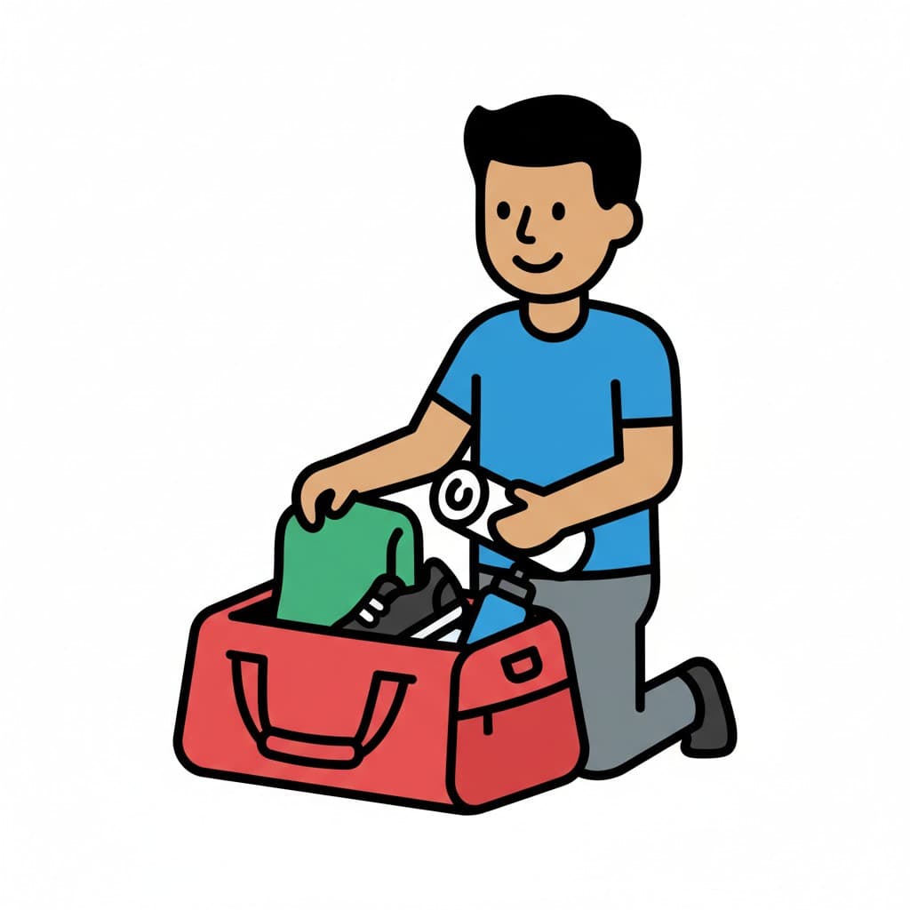 Poika polvistuu ja pakkaa punaista jumppakassia vihreillä vaatteilla ja kengillä.