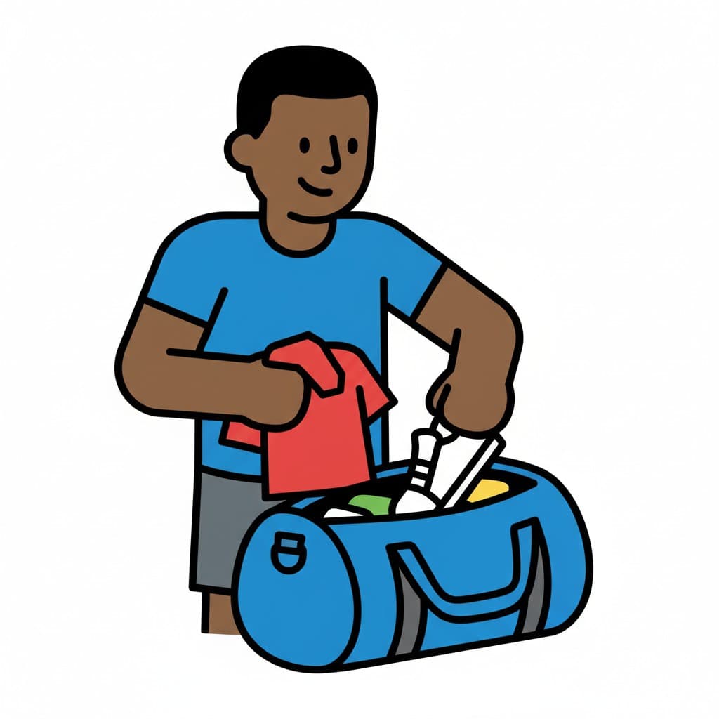 Poika seisoo ja pakkaa sinistä jumppakassia punaisella t-paidalla.