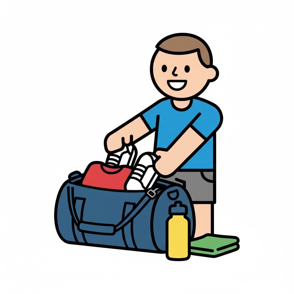 A boy packing his blue gym bag with a red shirt, white sneakers, a yellow water bottle, and a green towel.