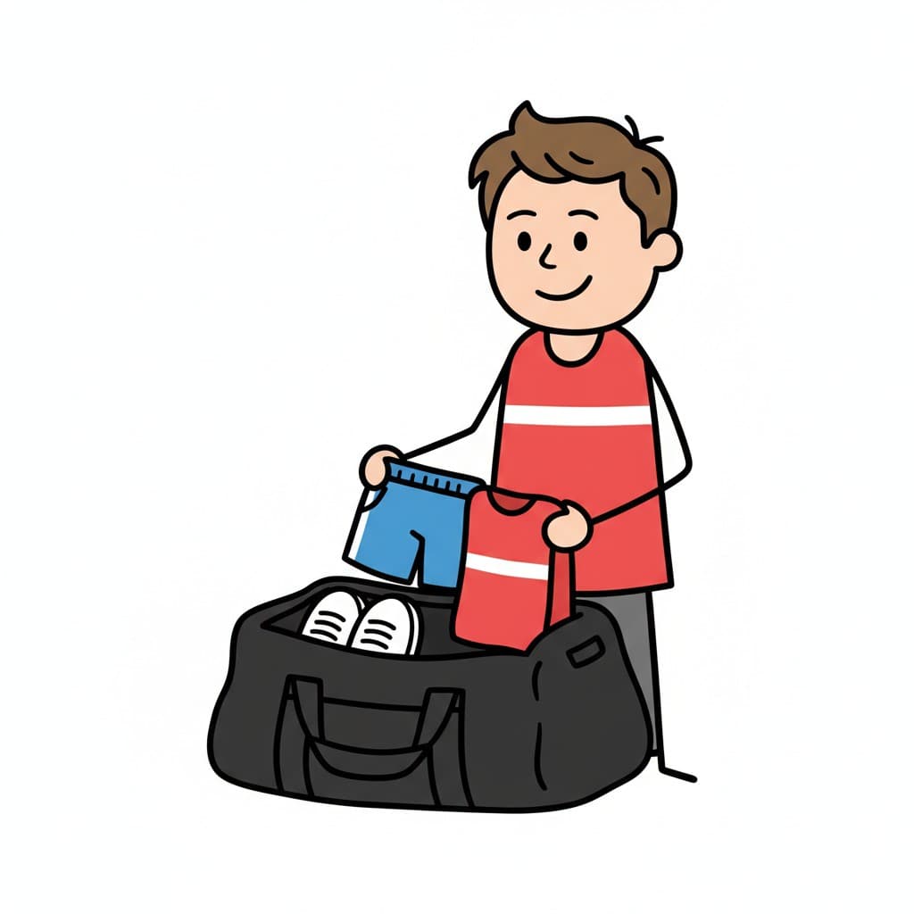 A person packs gym clothes into a gym bag.