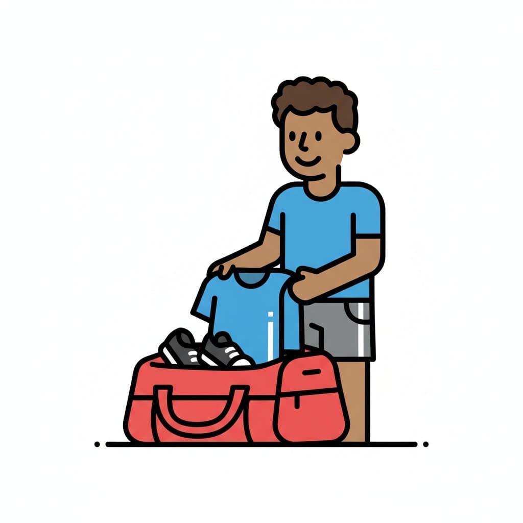 A person packs gym clothes into a gym bag.