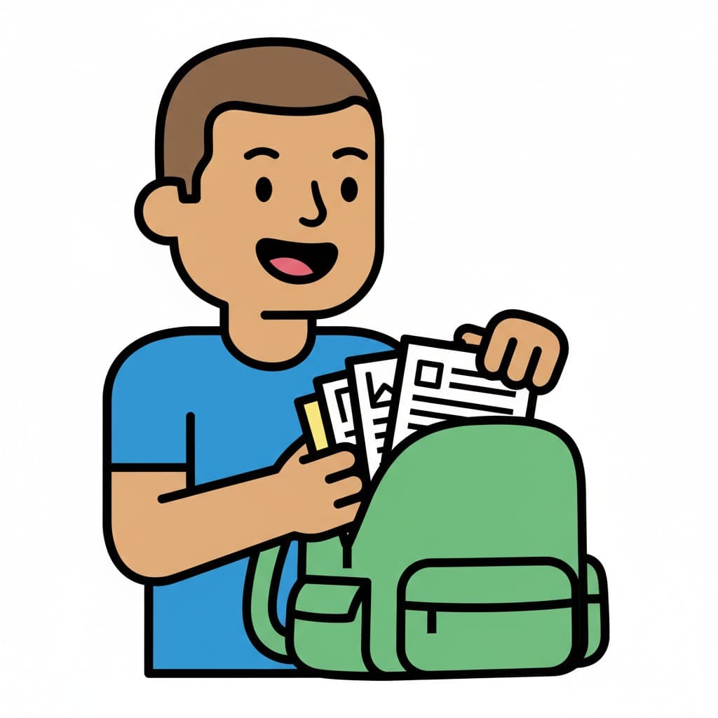 En person med öppen mun packar ner papper i en grön ryggsäck.