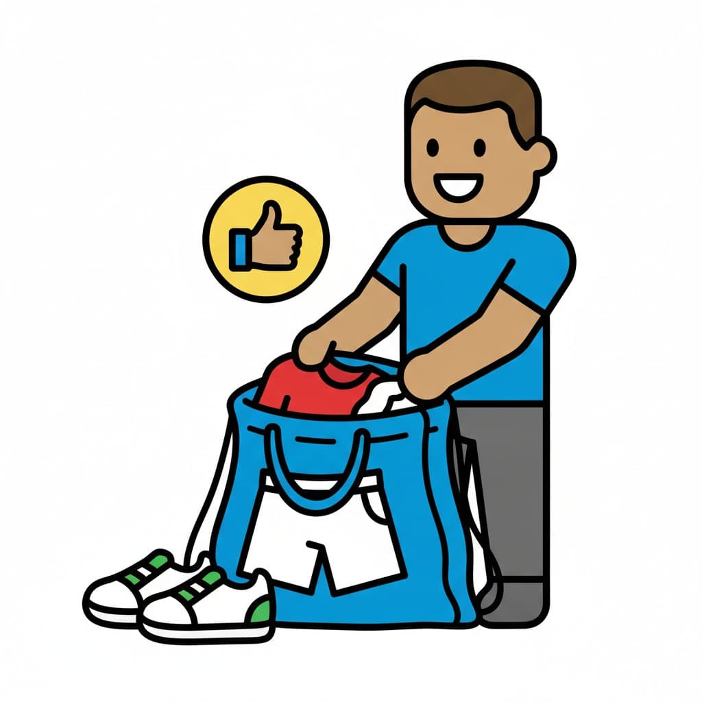 A boy puts sports clothes into a blue bag with trainers standing next to it.