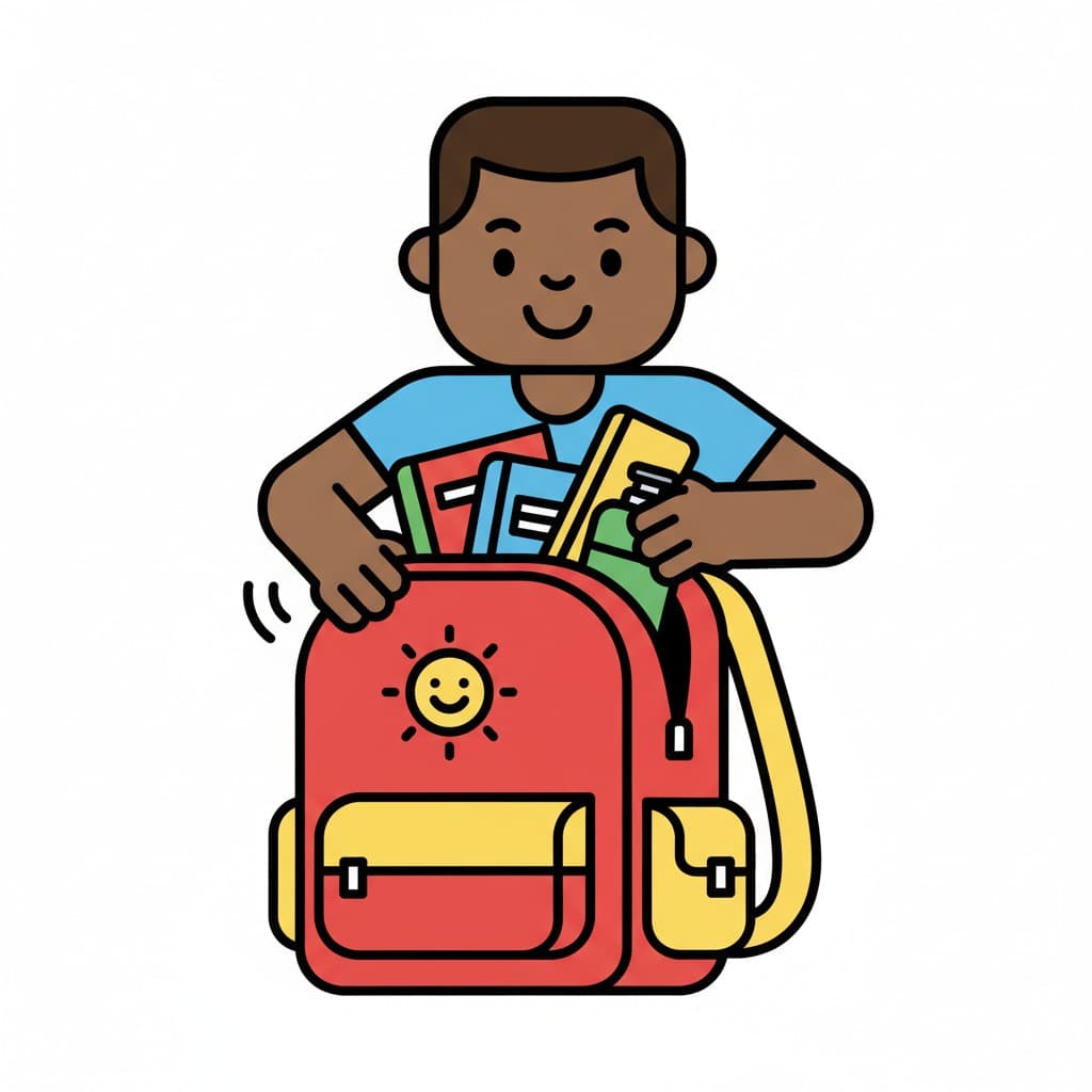 En leende pojke packar böcker och andra saker i en röd skolväska med gula detaljer.