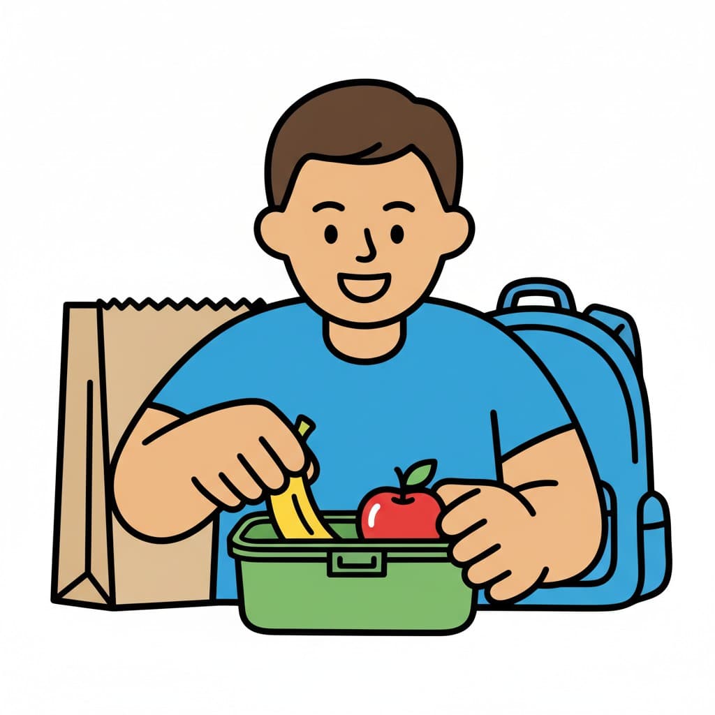 A boy packing a banana and an apple into a lunch box. A paper bag and a blue backpack are next to him.