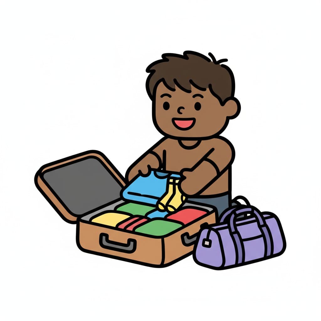 A happy boy is packing clothes into a suitcase. A purple duffel bag is next to it.