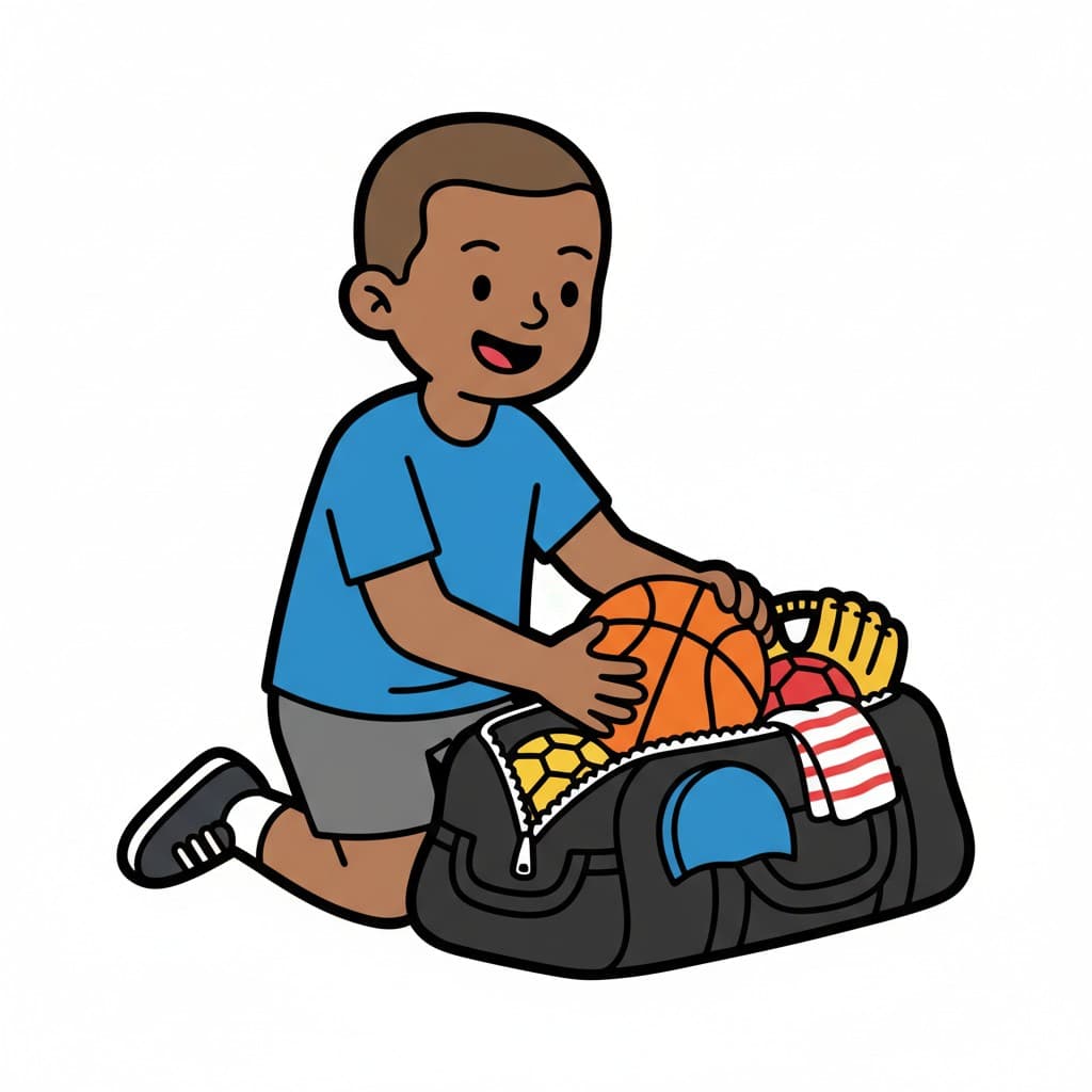 Iloinen poika polvistuu ja pakkaa mustaa urheilulaukkua, jossa on koripallo, keltainen hanska ja raidallinen pyyhe.