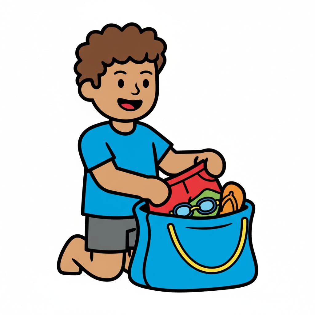 En pojke sitter på knä och lägger ner en röd baddräkt, simglasögon och tofflor i en blå badväska.