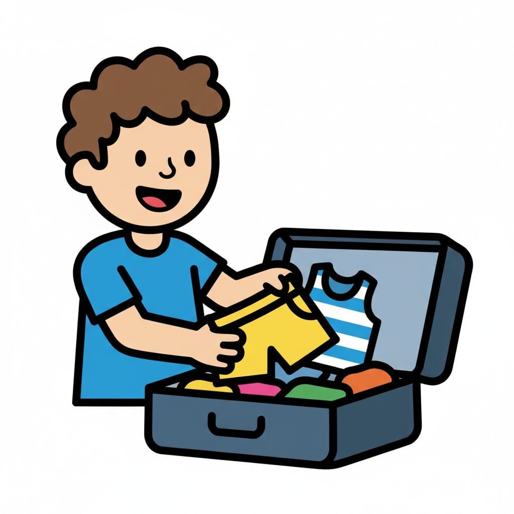 A smiling boy places a yellow shirt into an open suitcase that contains various clothes, including a blue and white striped top.