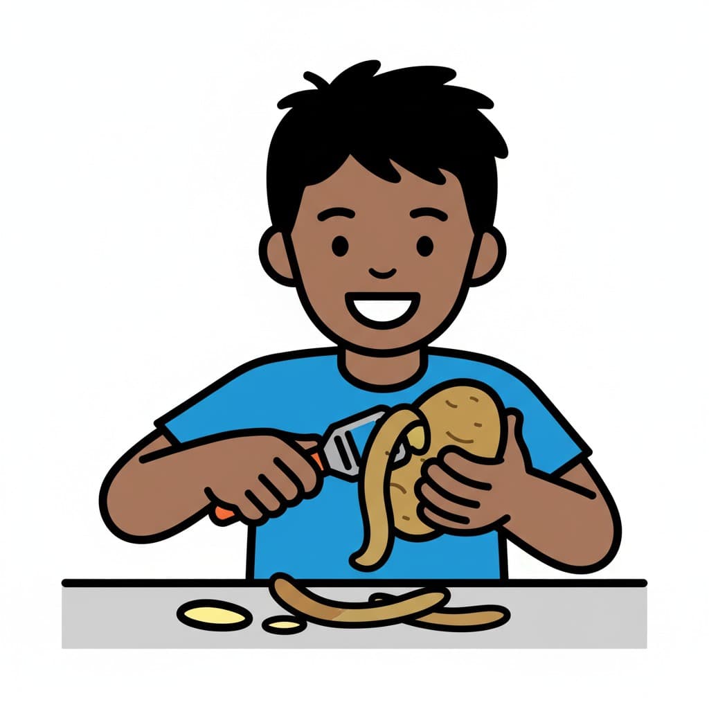 En leende pojke skalar en potatis med en potatisskalare. Potatisskal ligger på bordet framför honom.