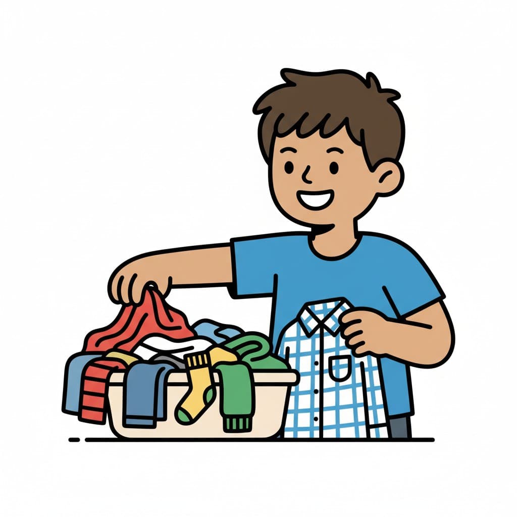 A boy smiling and choosing a blue checkered shirt from a laundry basket full of various clothes.