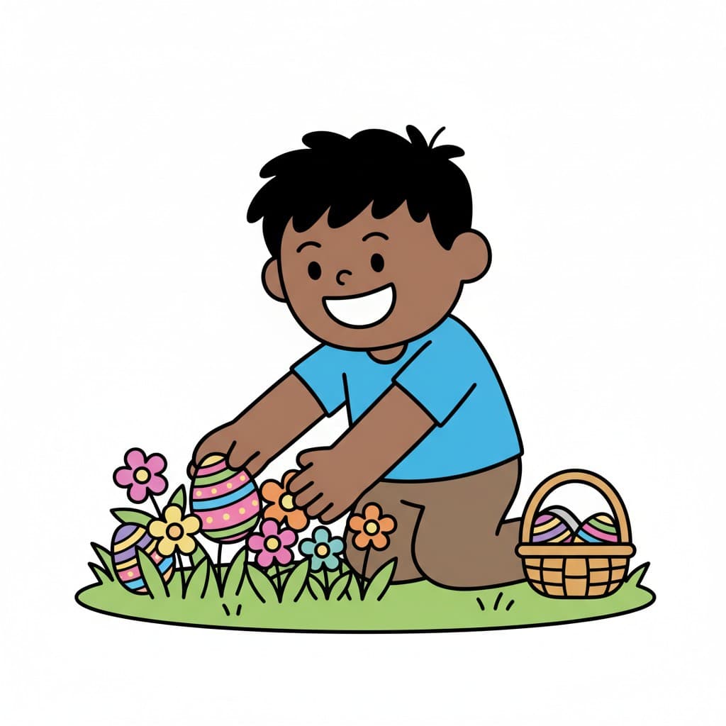 En pojke plockar ett färgglatt påskägg från marken bland blommor. Han har en korg bredvid sig.