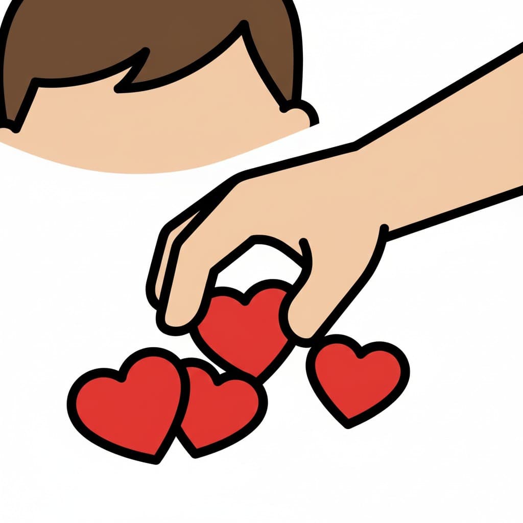 A hand reaching for one of several red heart shapes lying on a surface.