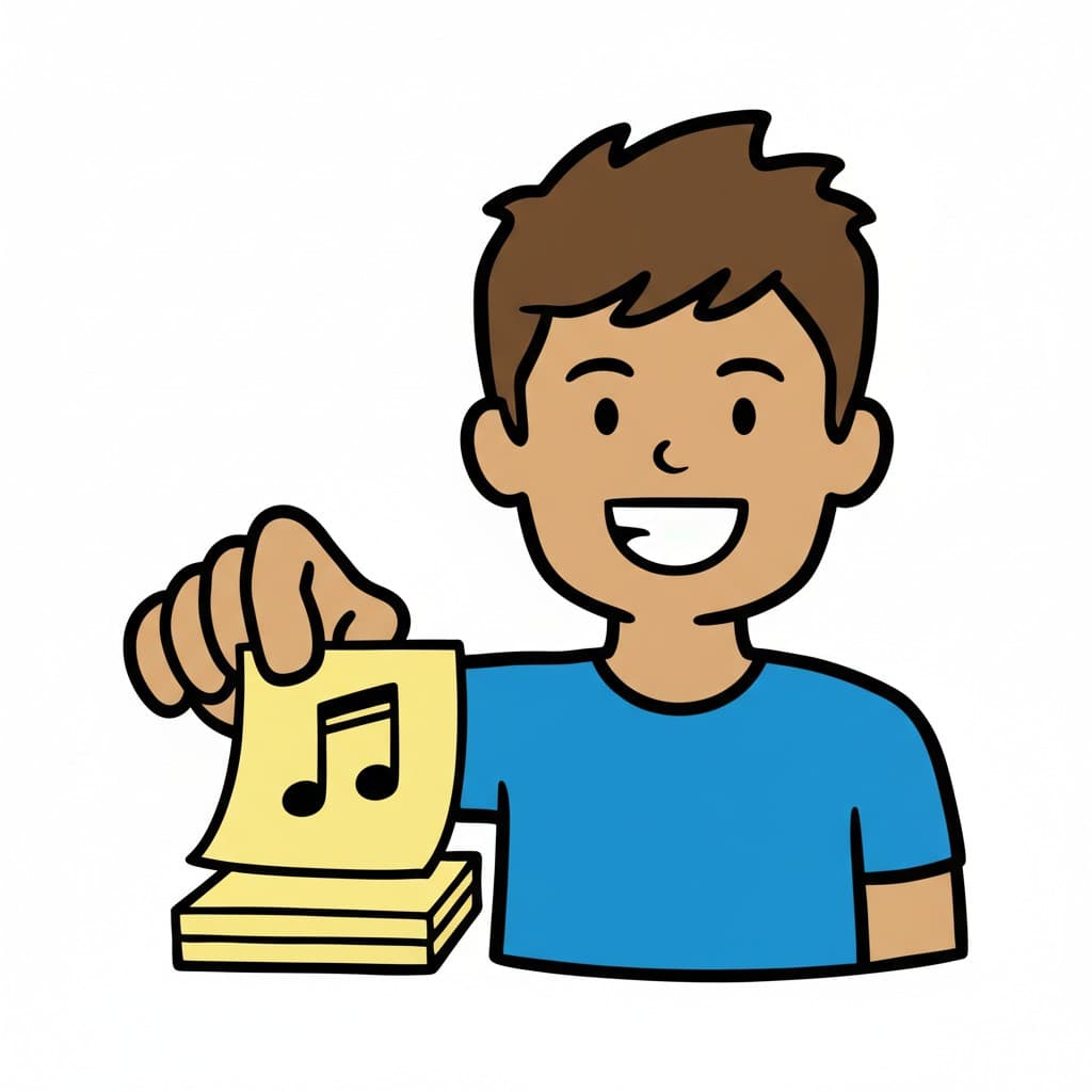 En pojke håller upp en gul lapp med en svart åttondelsnot på och ler. Framför honom ligger en liten hög med likadana lappar.