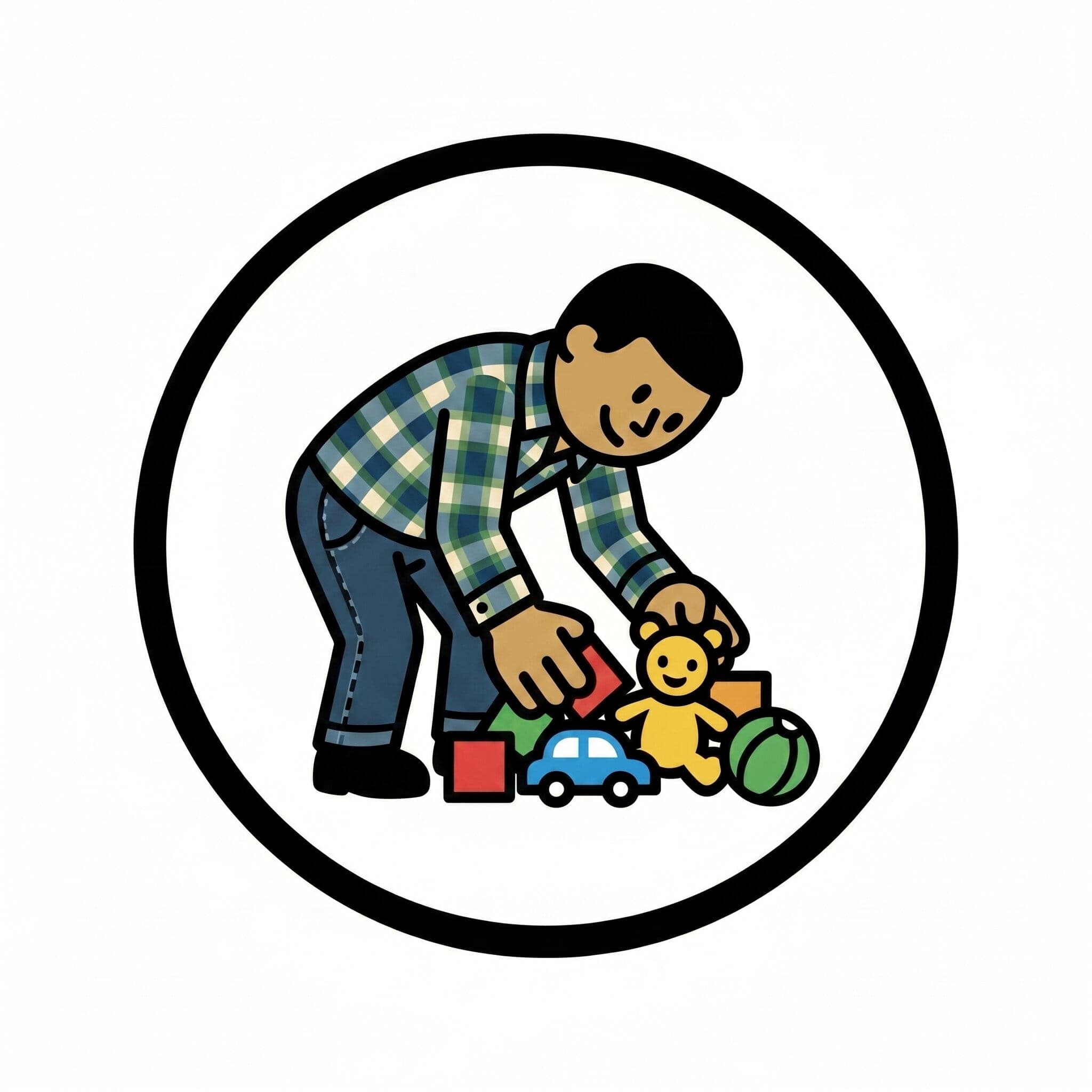 Ein Junge räumt Spielzeug vom Boden auf, darunter Bauklötze, ein Auto, einen Teddybär und einen Ball.