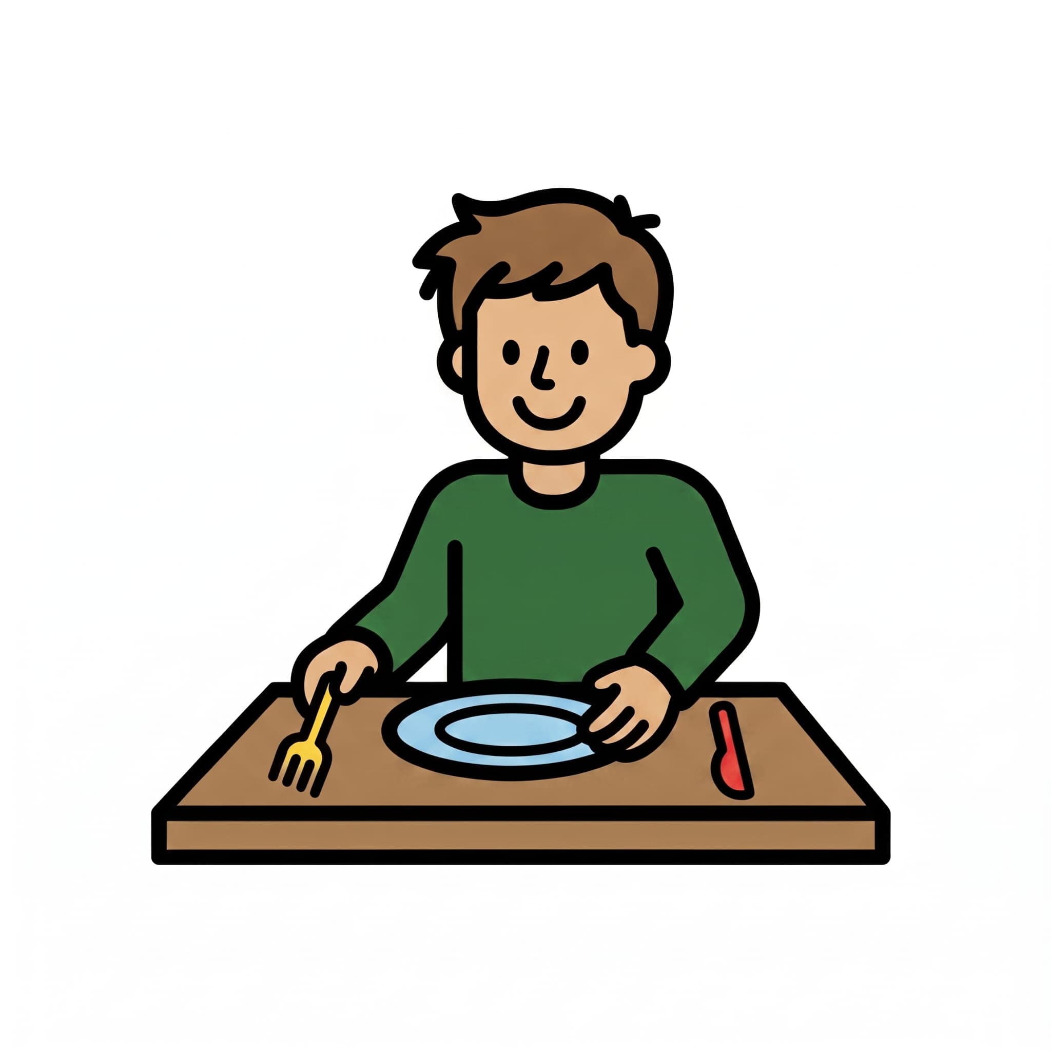 En dreng sidder ved et træbord og lægger en gul gaffel til venstre for en blå tallerken, mens en rød kniv ligger til højre.