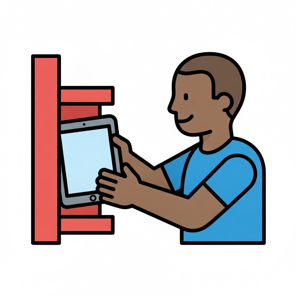 A boy slides a tablet onto a red shelf.