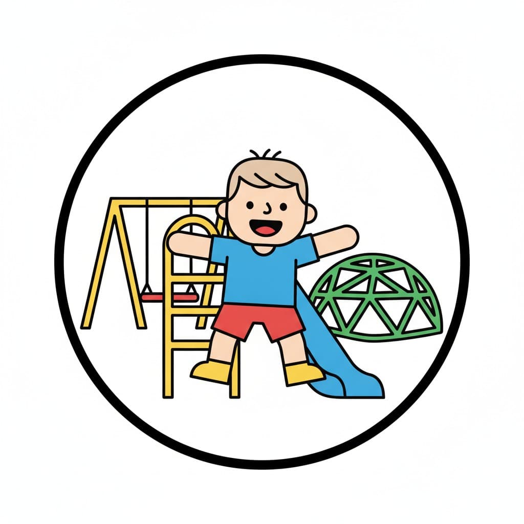 A happy boy stands at a playground with swings, a climbing frame and a climbing dome.