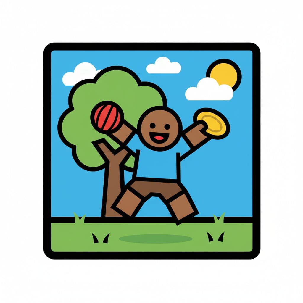 En glad pojke leker utomhus med en röd boll i ena handen och en gul frisbee i den andra. I bakgrunden finns ett träd, sol och moln.