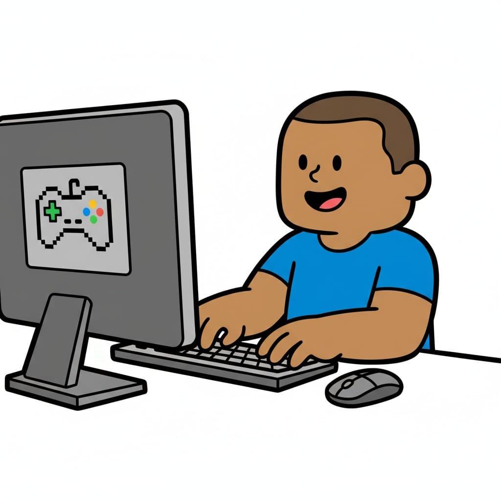 En glad dreng sidder ved en computer og spiller.