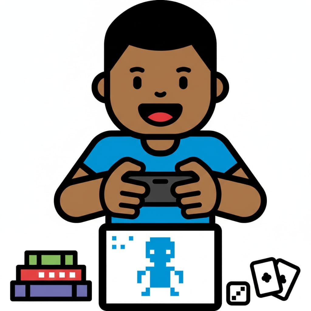 En glad pojke håller i en mobiltelefon och spelar. Framför honom syns en skärm med ett pixelerat spel, ett par spelkort och tärningar samt en stapel med spelmarker.