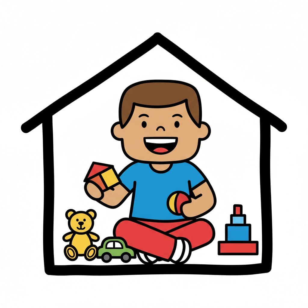 En illustration af en glad dreng, der sidder med krydsede ben inde i en huskontur og leger med forskellige legetøj som byggeklodser, en bold, en bamse, en bil og et stabellegetøj.