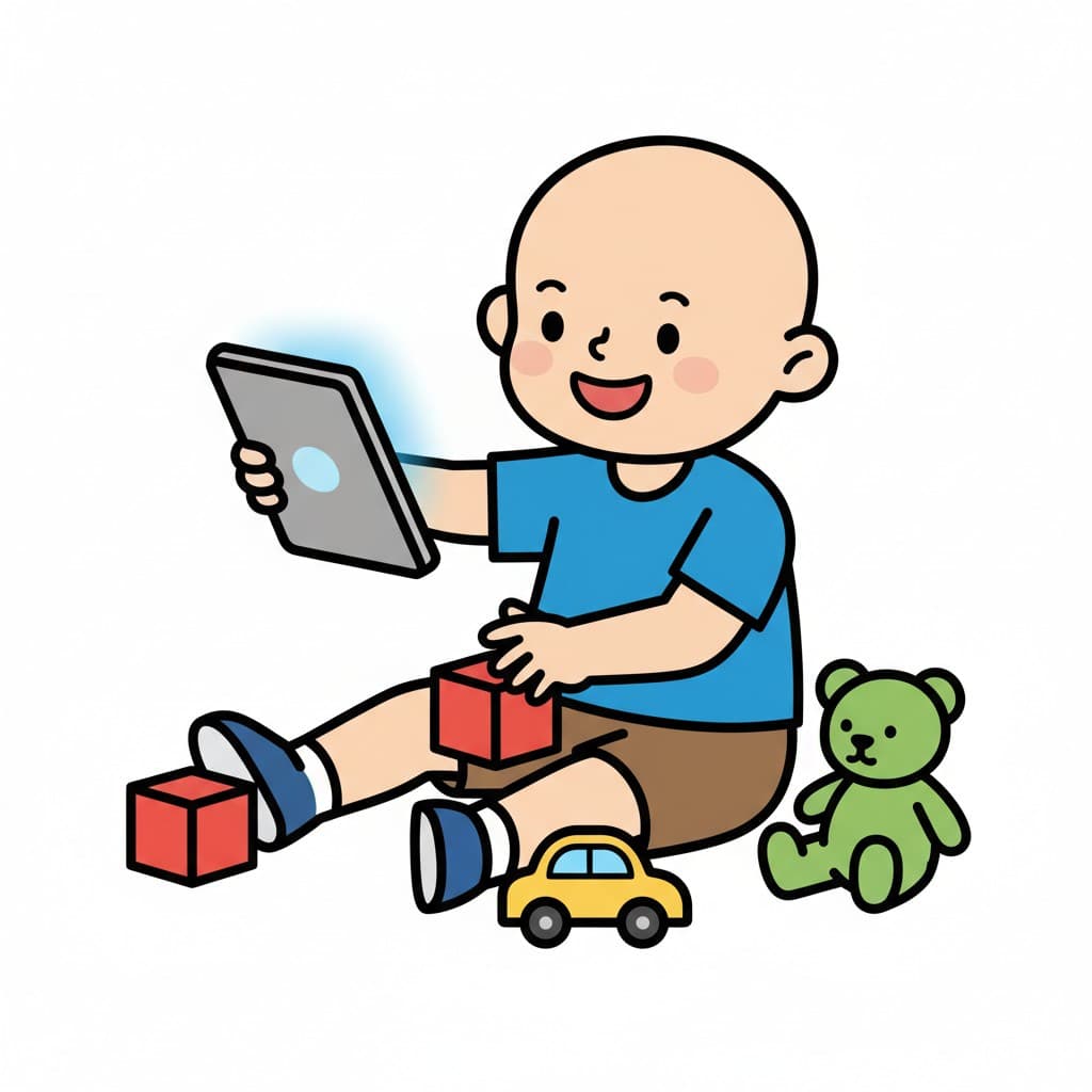 A happy boy is sitting on the floor holding an iPad. Around him are red building blocks, a yellow toy car, and a green teddy bear.