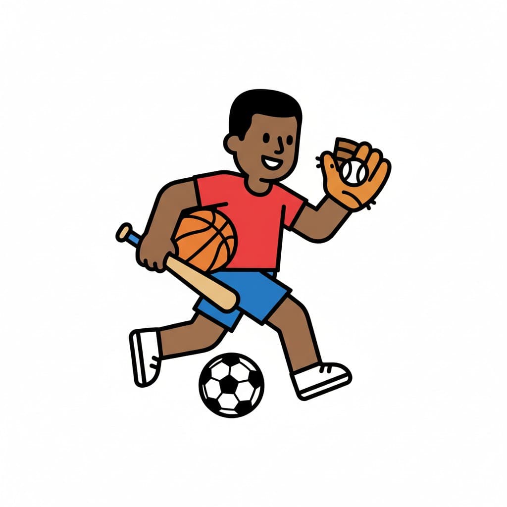 Kuvitus nuoresta henkilöstä, joka juoksee ja pitää käsissään koripalloa, baseballmailaa, baseballhanskaa pallon kanssa, ja jalkojensa vieressä on jalkapallo, edustaen urheilutoimintaa.