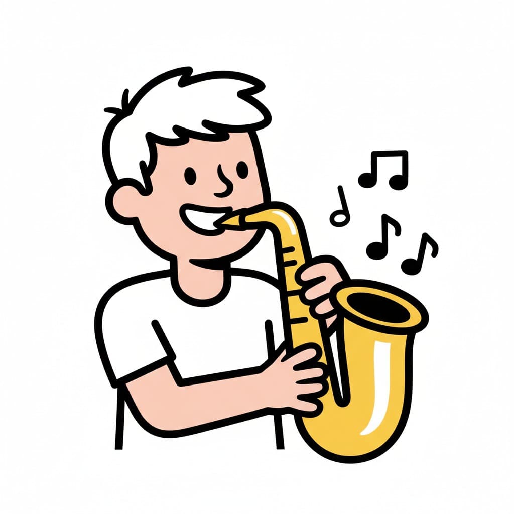 A boy blows into a saxophone while music notes float around him.