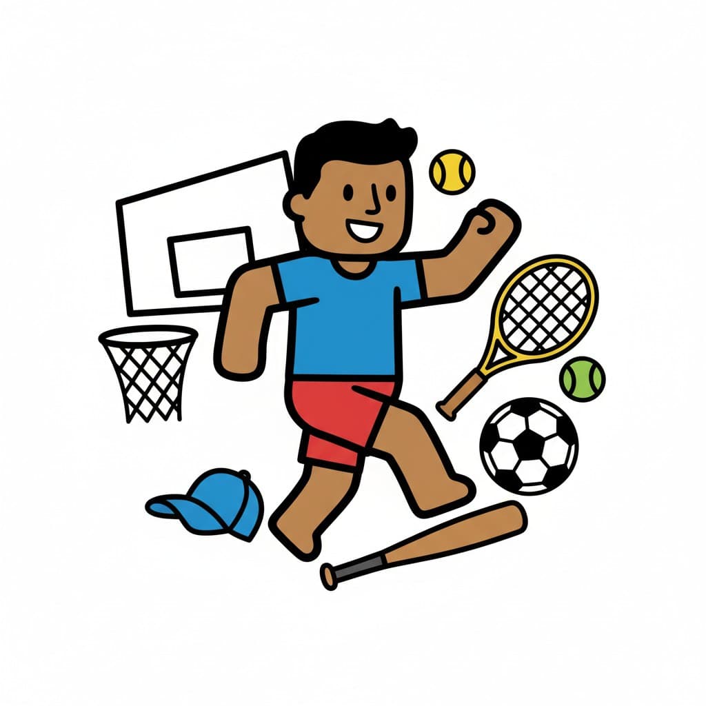 A happy boy running, surrounded by various sports equipment: a basketball hoop, a tennis racket, a soccer ball, a baseball bat, a baseball cap, a tennis ball, and a baseball.