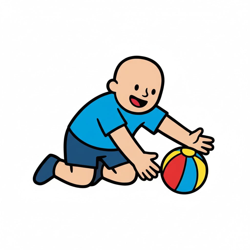 A boy kneeling and reaching for a red, yellow, and blue striped ball, smiling.