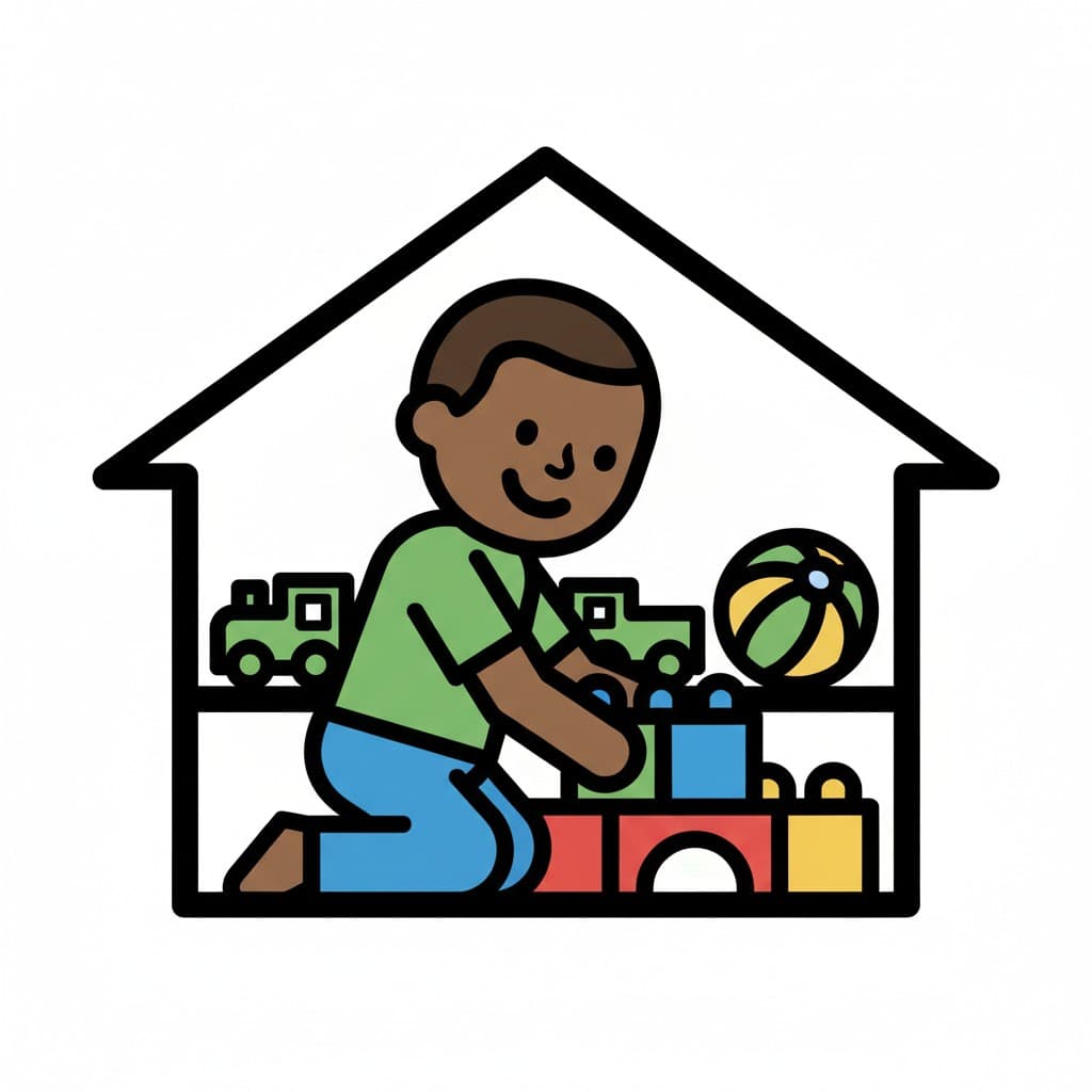 En glad dreng leger med farverige klodser og biler inde i et hus.