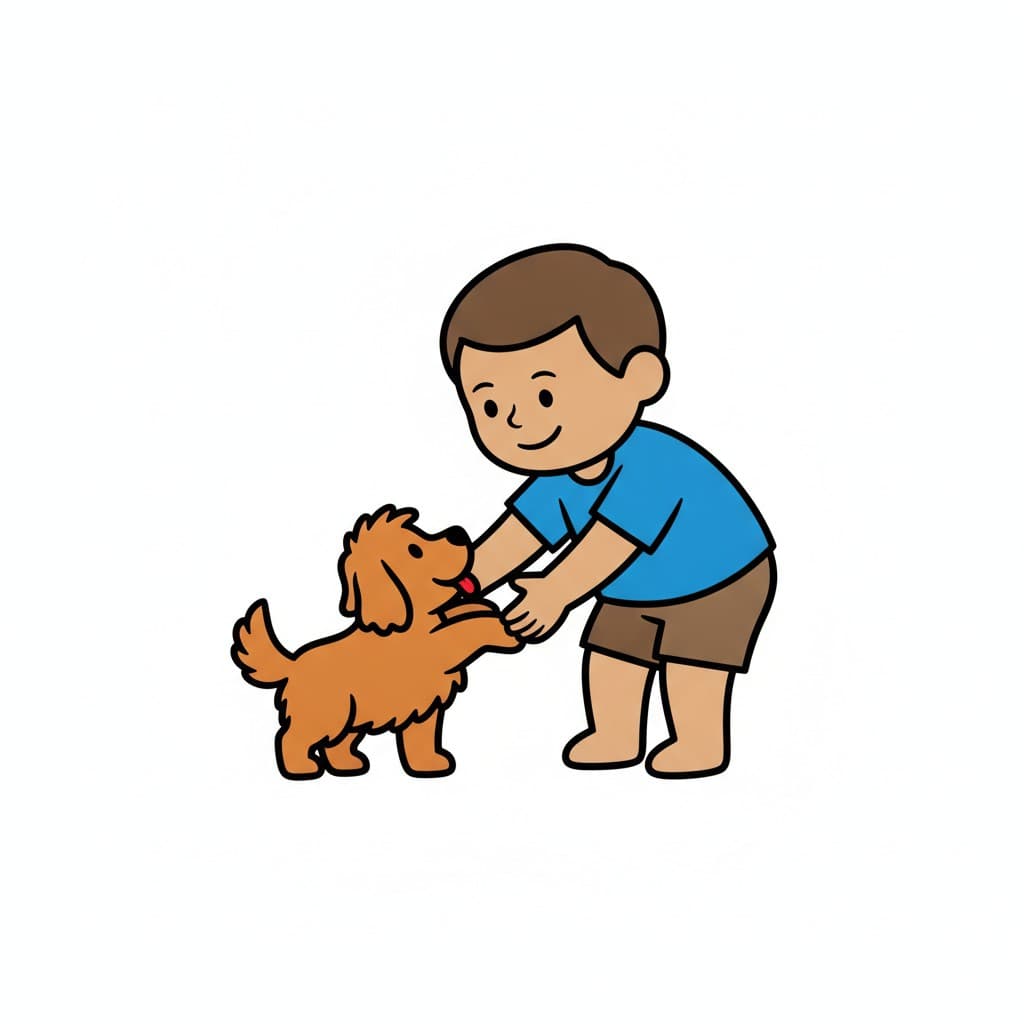 A child bends down to play with a small brown dog standing on its hind legs.