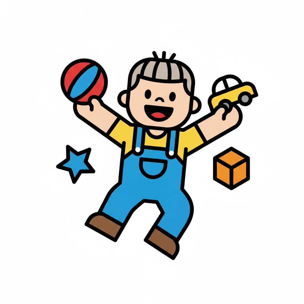 A cartoon boy happily jumping, holding a ball in one hand and a toy car in the other. A star and a cube float around him.